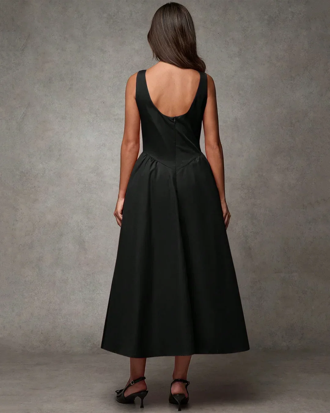 Black Boat Neck Sleeveless Fit & Flare Vintage Midi Dress - Image 2