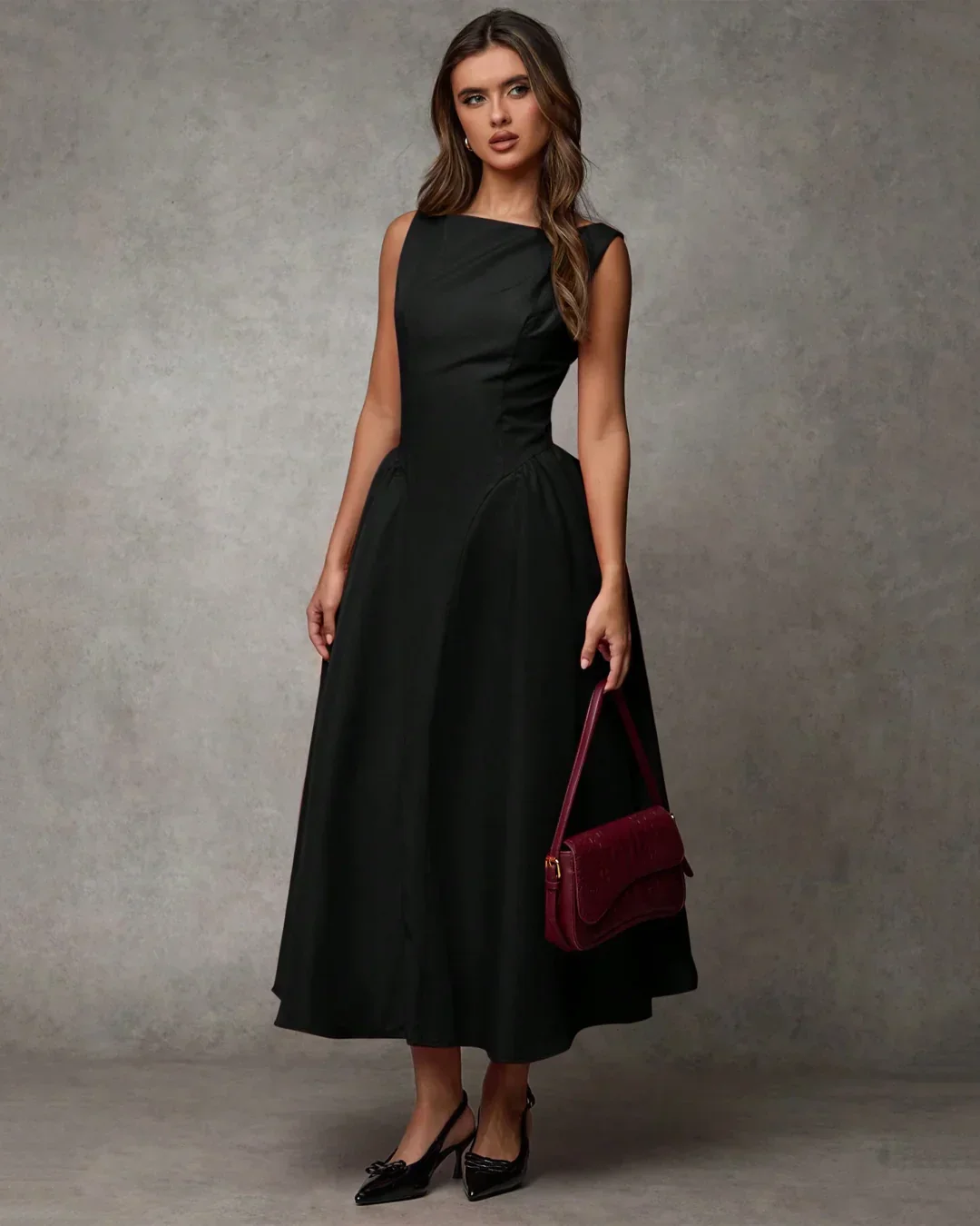 Black Boat Neck Sleeveless Fit & Flare Vintage Midi Dress - Image 3