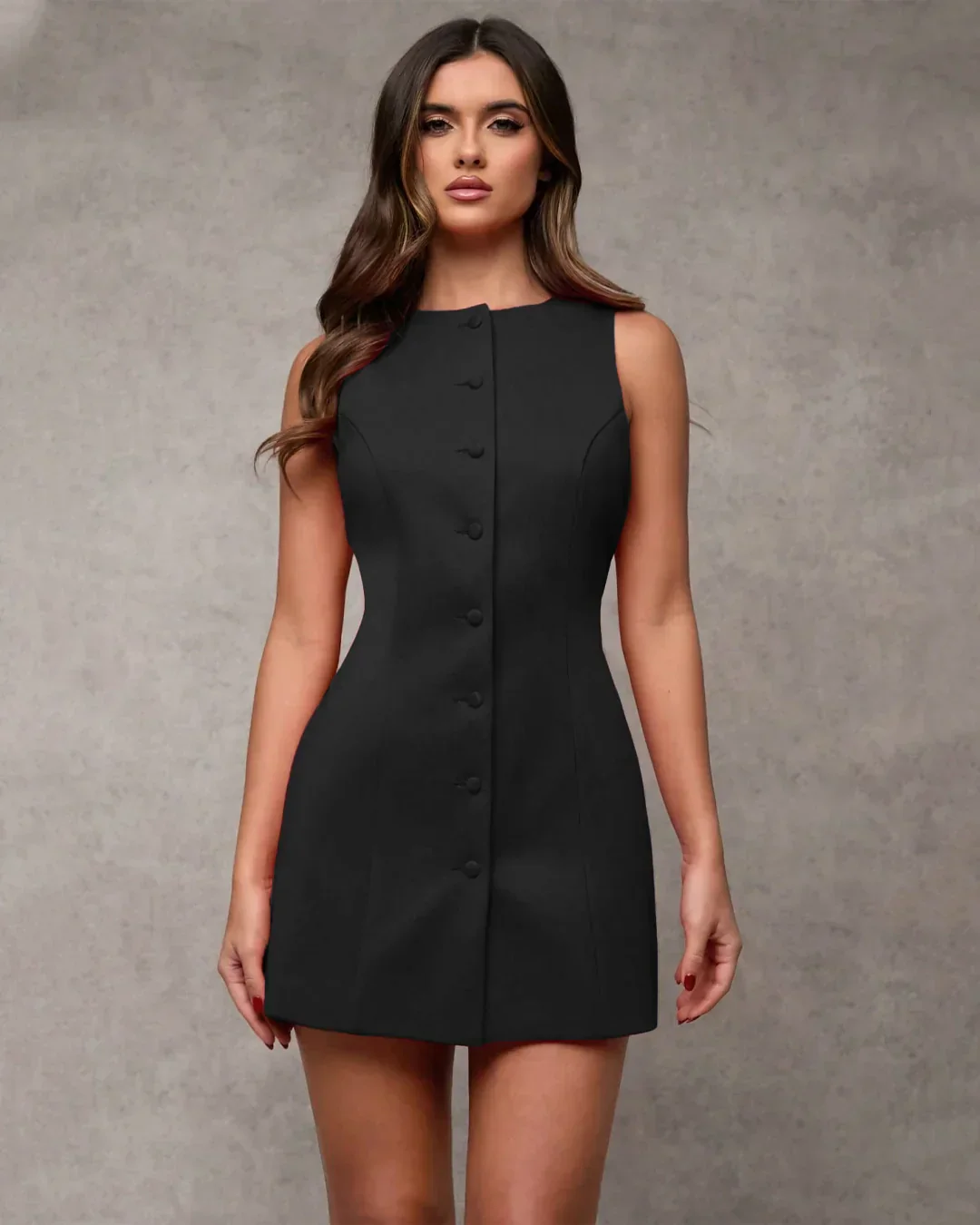 Black Button Front Structured Sleeveless Mini Dress - Image 2