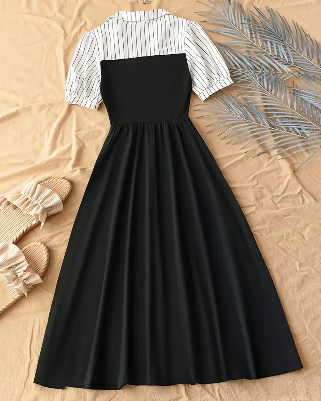 Collared Half Sleeves Midi Dress in Black and White - Image 3