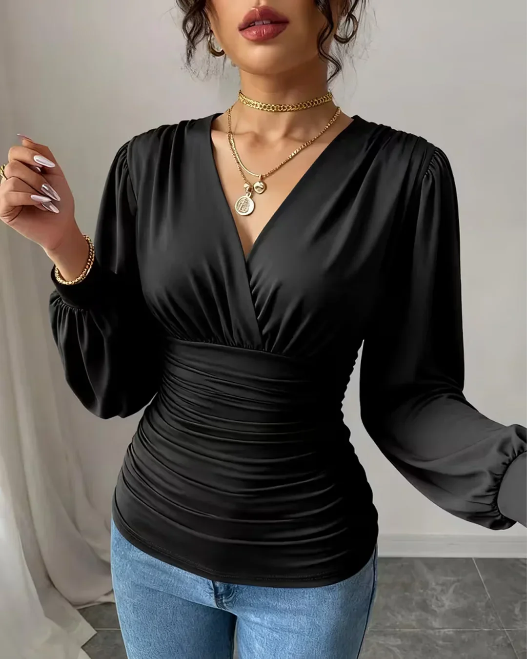 Black Crossover V Neck Ruffled Waist Bubble Long Sleeve Top - Image 2