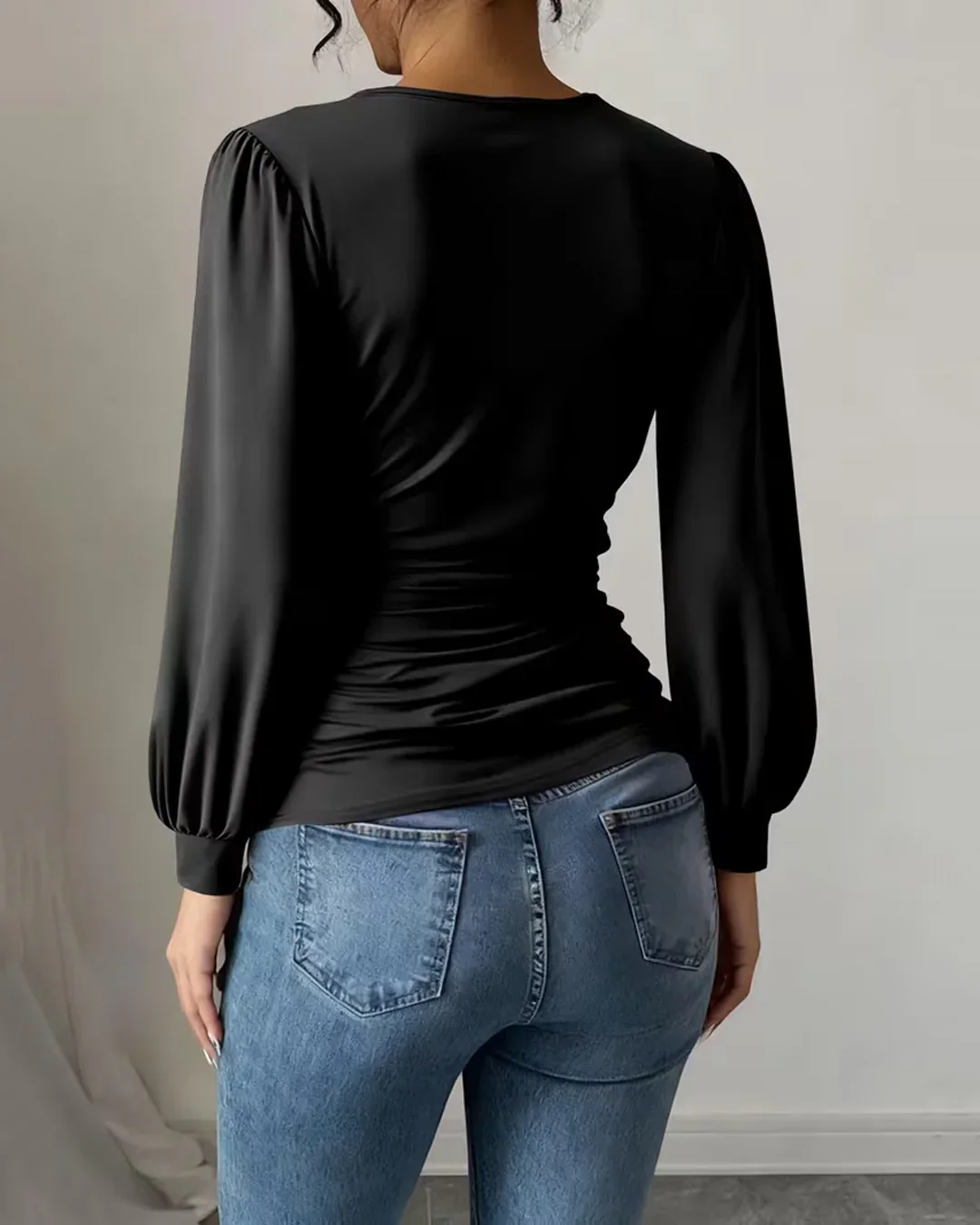 Black Crossover V Neck Ruffled Waist Bubble Long Sleeve Top - Image 3