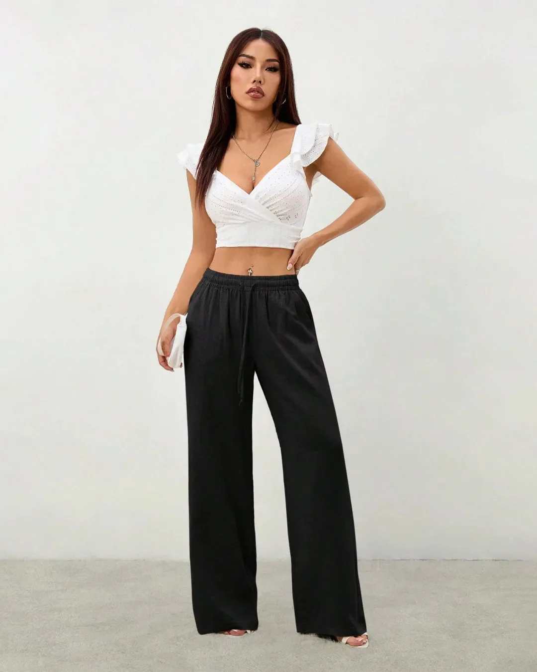 Black Drawstring Wide Leg Lounge Pants - Image 2