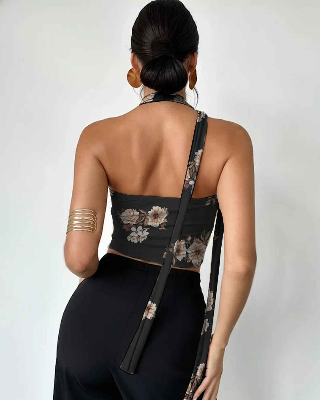 Black Floral Print Halter Tie Tube Top - Image 2