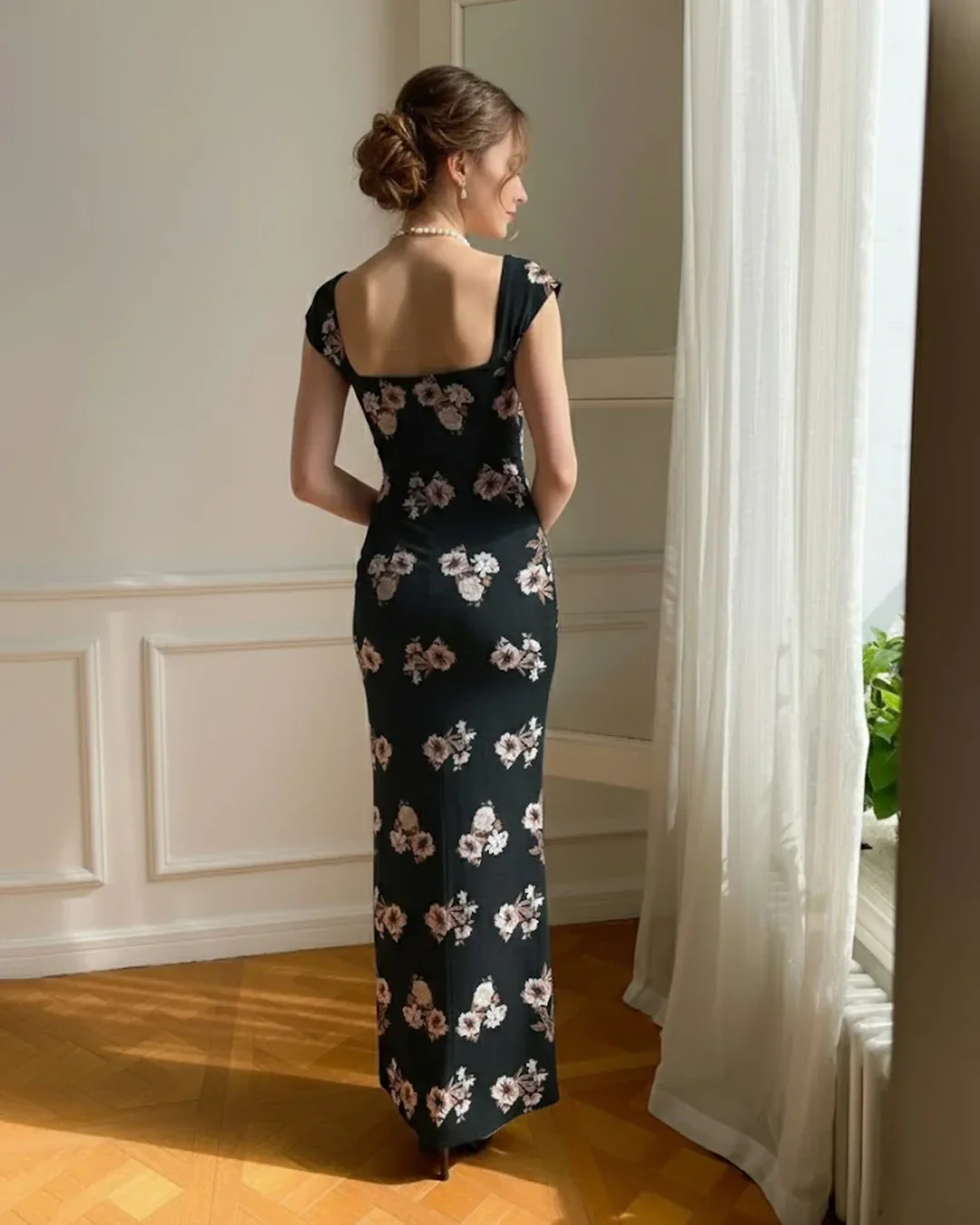 Black Floral Square-Neck Cap Sleeve Maxi Dress - Image 2