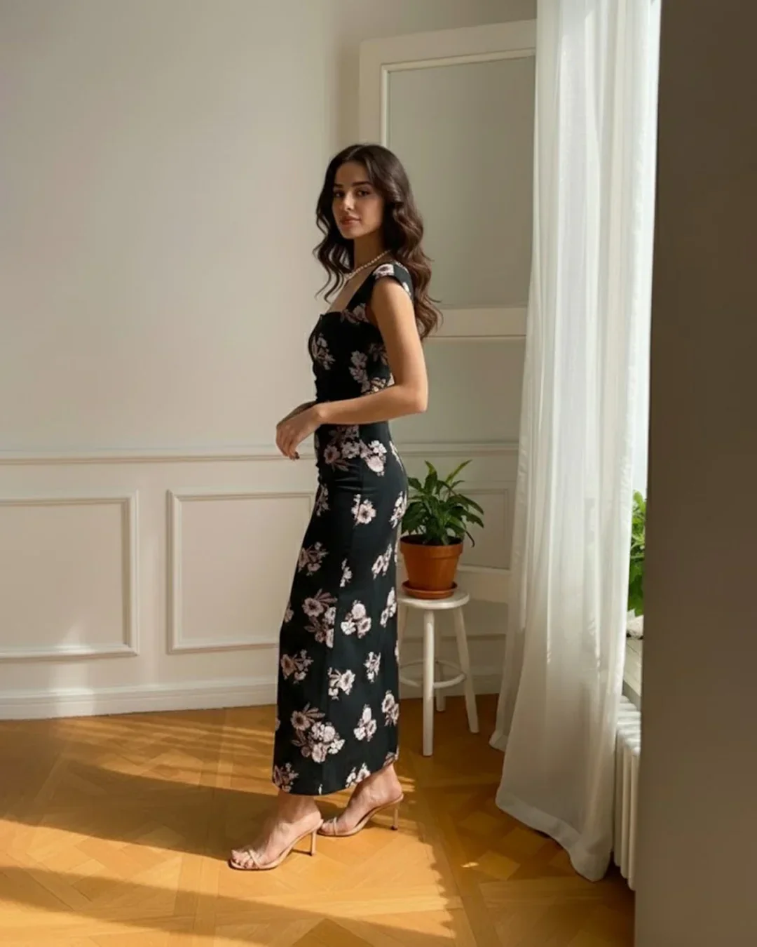 Black Floral Square-Neck Cap Sleeve Maxi Dress - Image 3