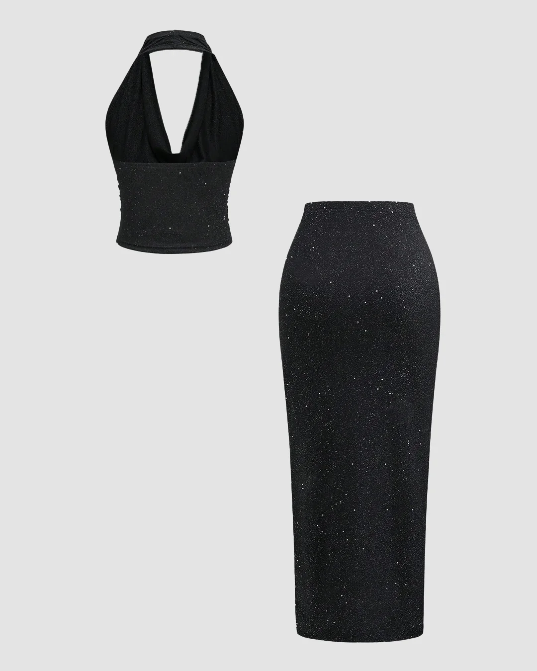 Black Glitter Halter Neck Backless Top & High-Slit Skirt Set - Image 2