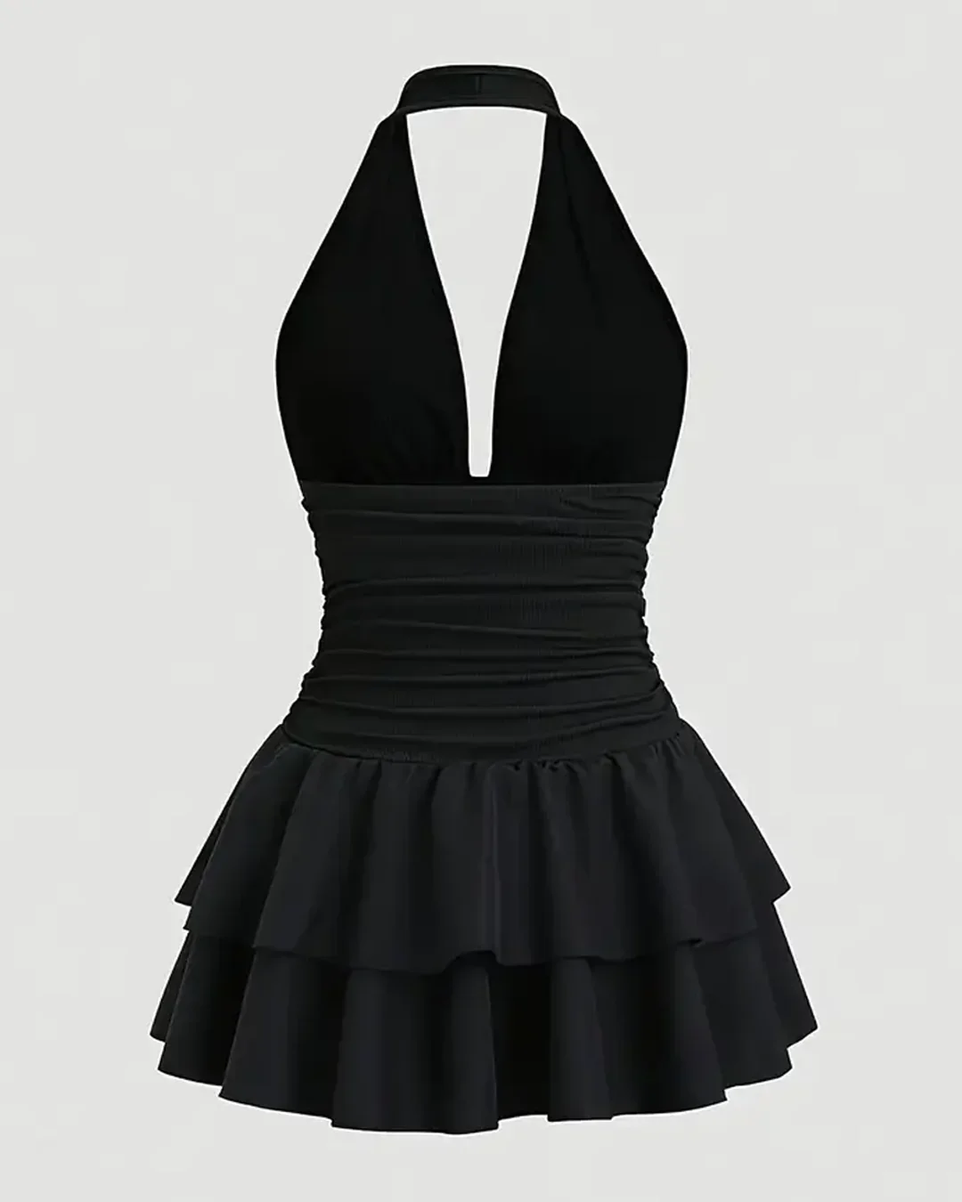 Halter Neck Dress Ruched Waist Tiered Mini in Black - Image 2