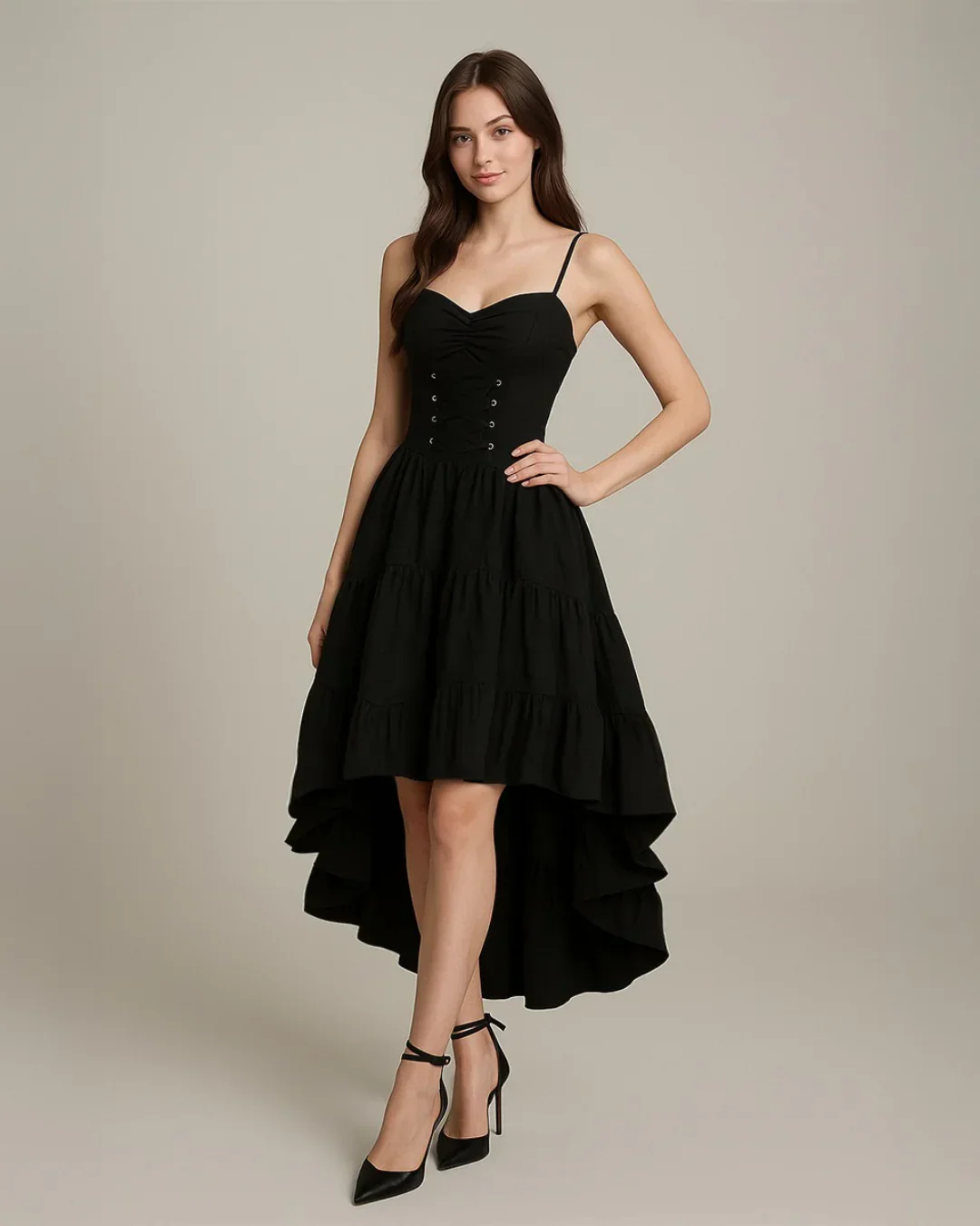Black High-Low Gothic Dress with Spaghetti Straps & Corset Detail - Image 2
