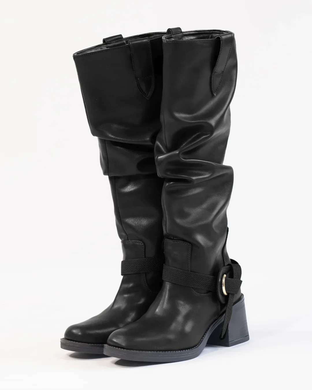 Black Knee-High Boots With Buckle And Heel - Image 5