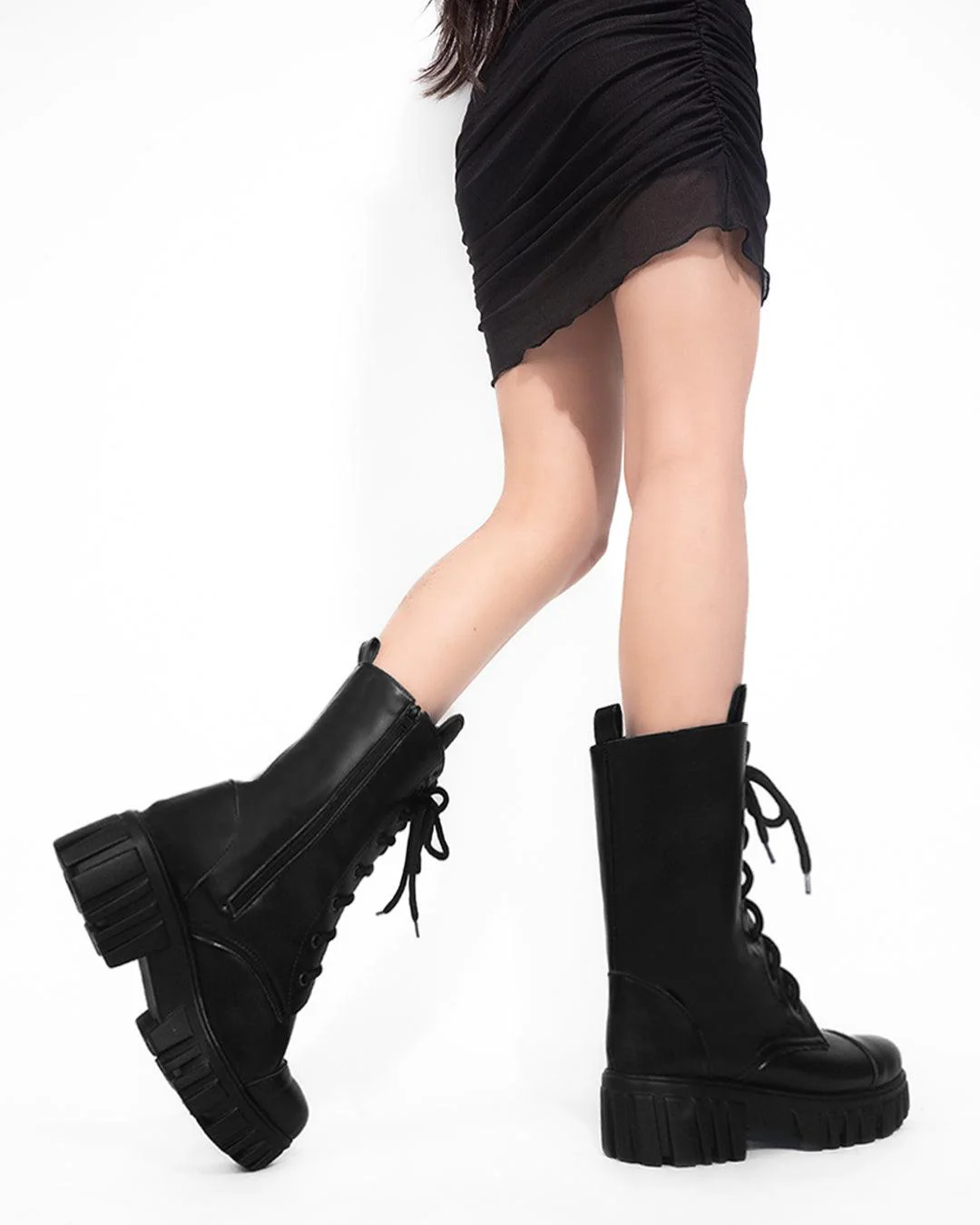 Black Lace Up Platform Ankle Boots with Zipper - Image 2