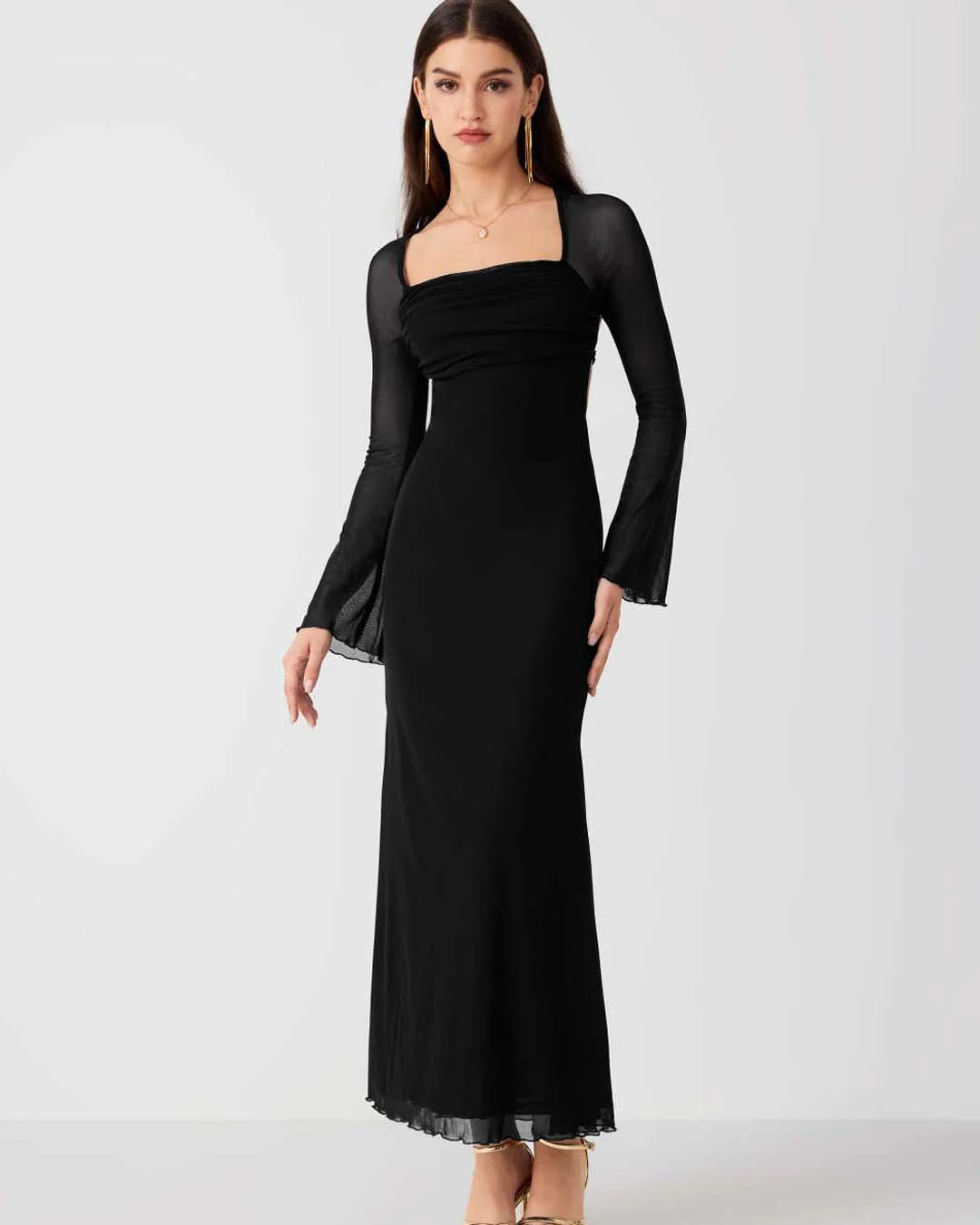 Black Long Sheer Lantern Sleeve Mermaid Maxi Evening Dress - Image 2