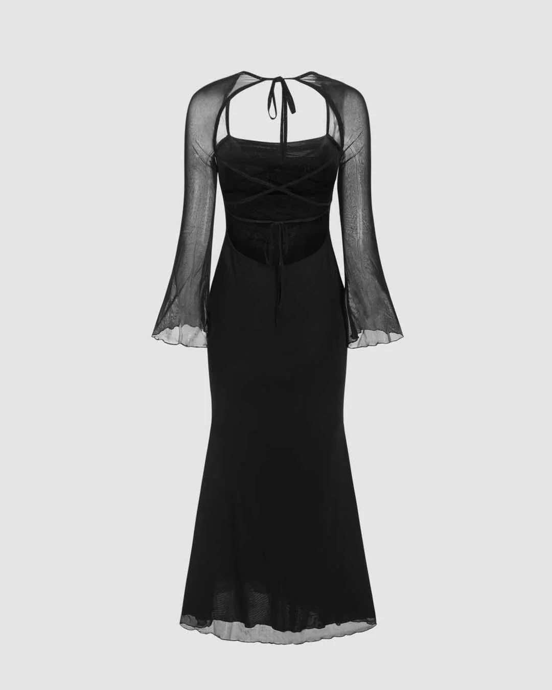 Black Long Sheer Lantern Sleeve Mermaid Maxi Evening Dress - Image 3