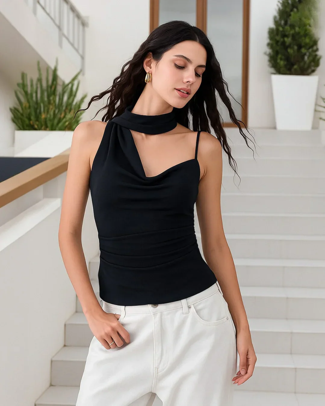 Black One-Shoulder Draped Scarf Top - Image 2