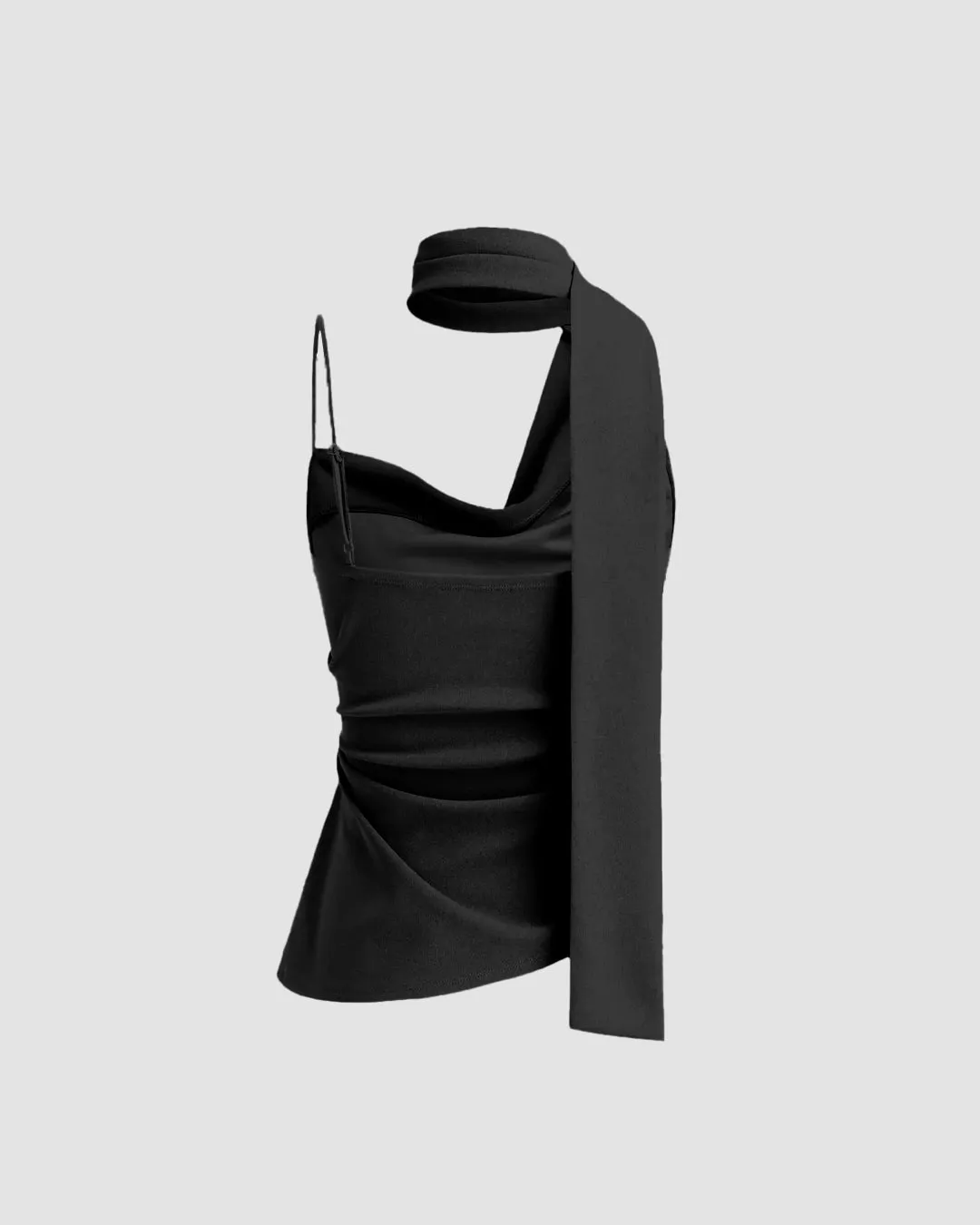 Black One-Shoulder Draped Scarf Top - Image 3