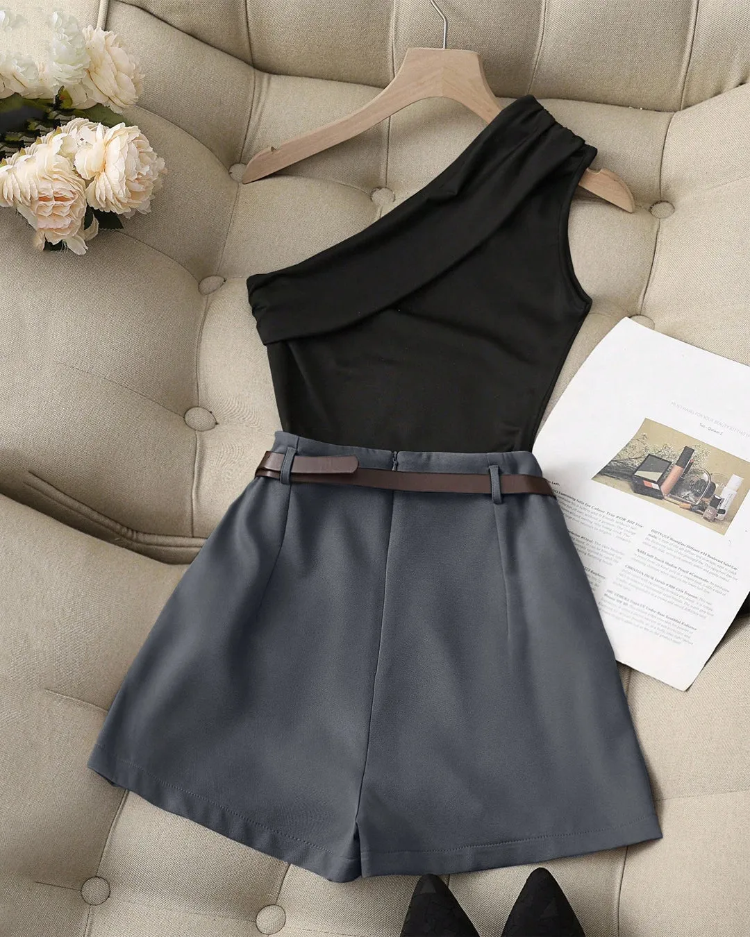 Black One-Shoulder Top & Dark Grey High-Waist Shorts Matching Set - Image 2