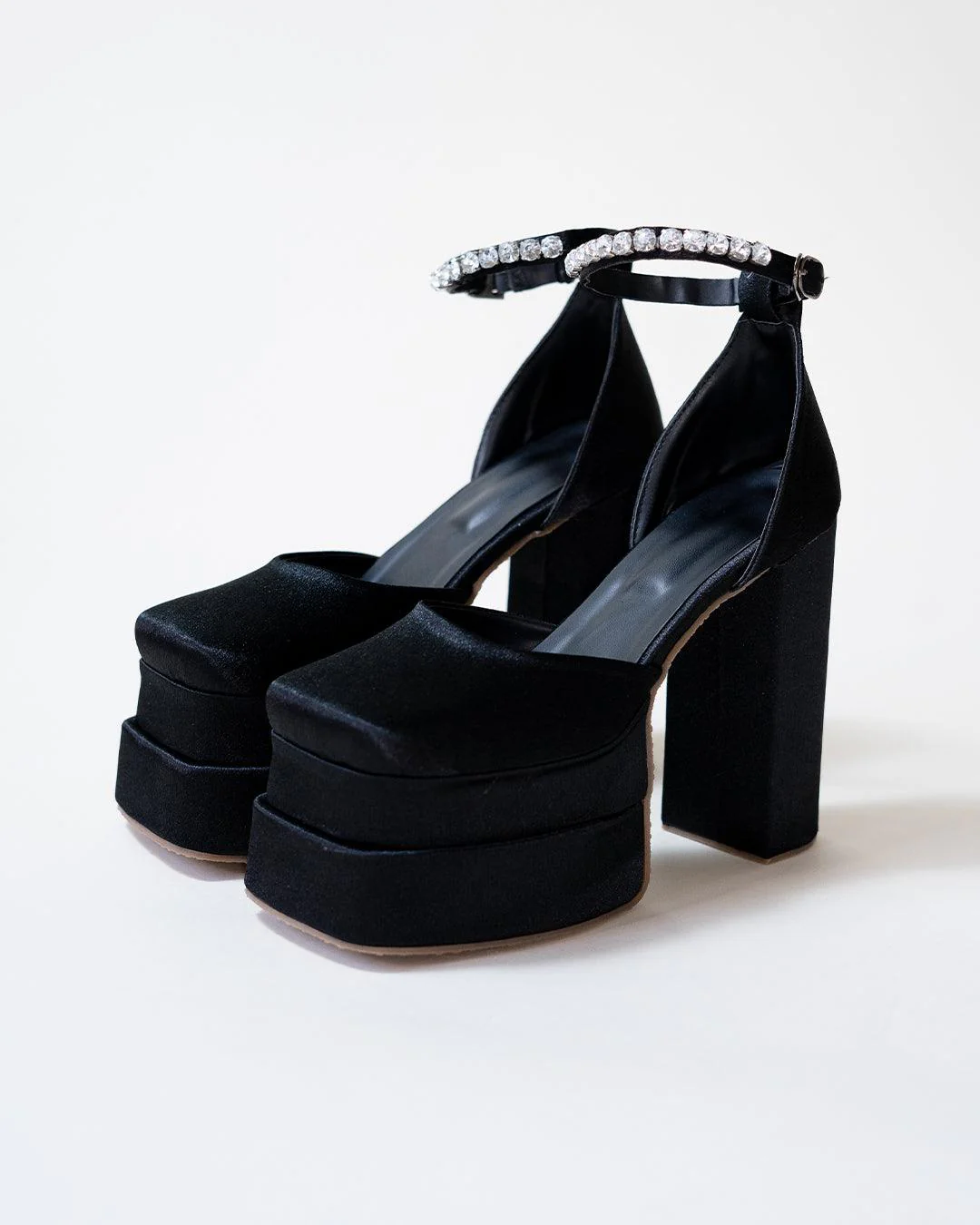 Black Party Heels with Rhinestone Ankle Strap Platform - Image 3