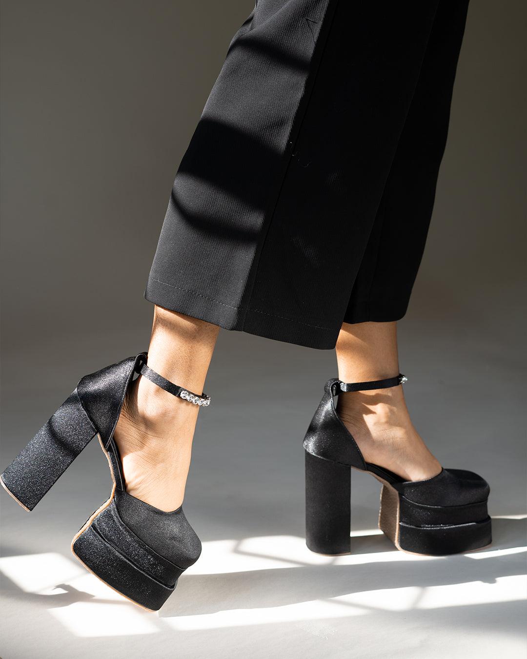 Black Party Heels with Rhinestone Ankle Strap Platform - Image 5