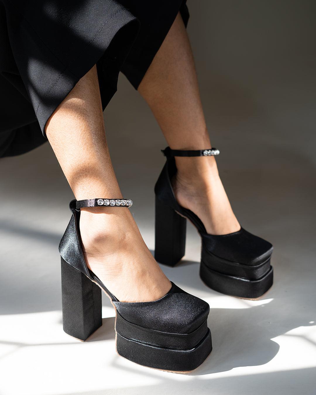 Black Party Heels with Rhinestone Ankle Strap Platform - Image 6