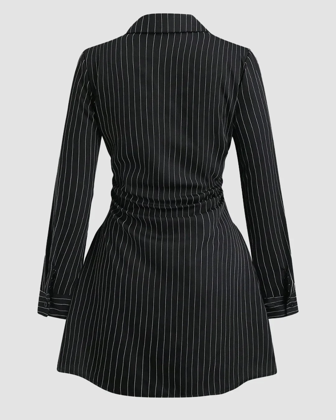 Black Pinstripe Button Down Collared Fit & Flare Full Sleeve Mini Dress - Image 2