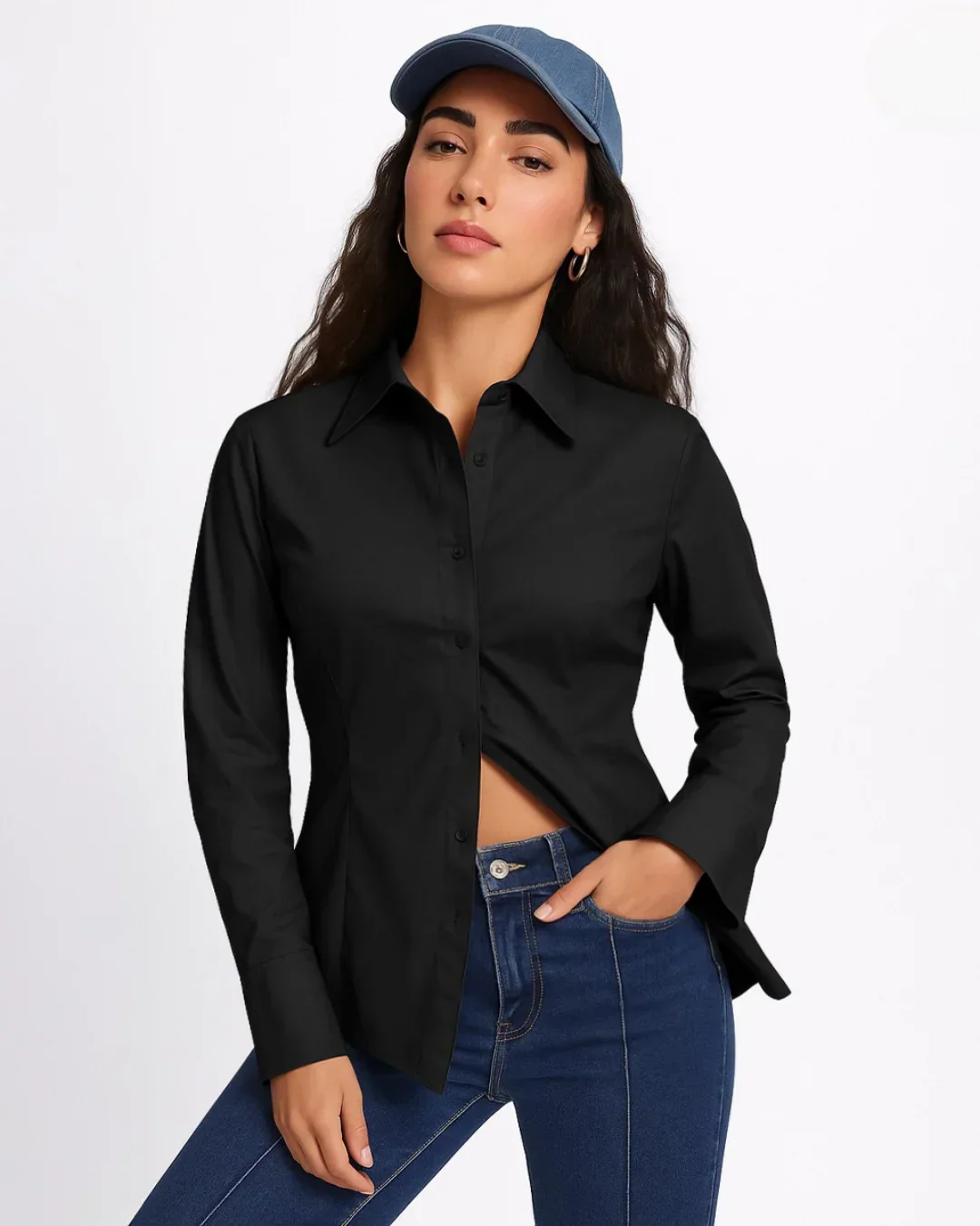 Black Shirt with Pleated Peplum Waist and Button Closure - Image 2
