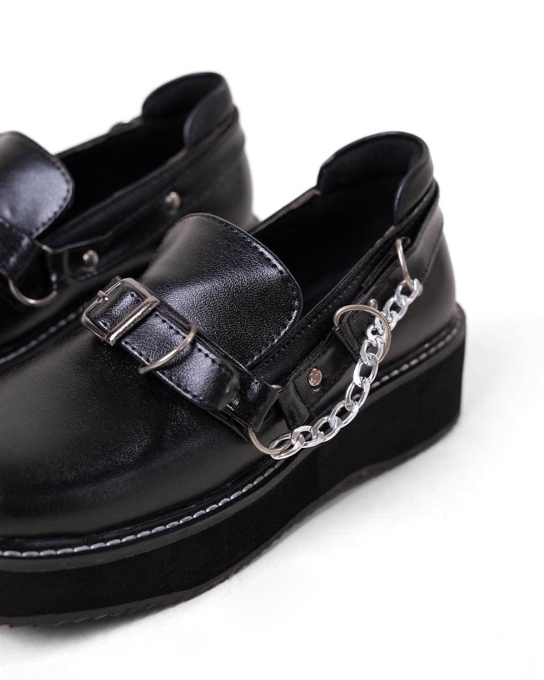 Black Platform Shoes with Buckle and Chain Detail - Image 2