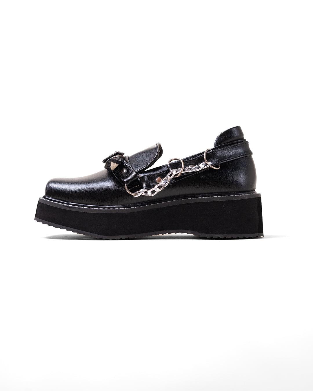 Black Platform Shoes with Buckle and Chain Detail - Image 3