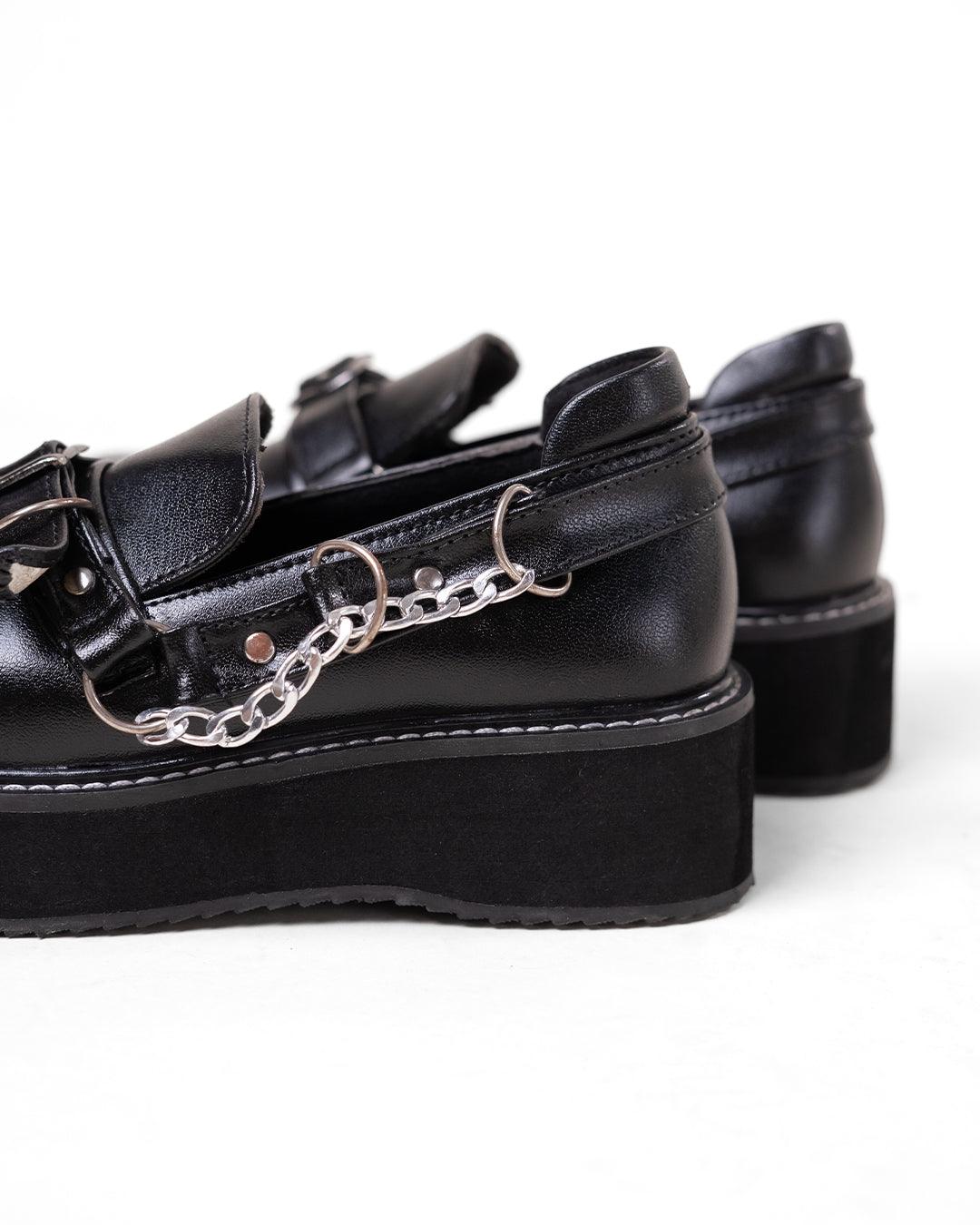 Black Platform Shoes with Buckle and Chain Detail - Image 4