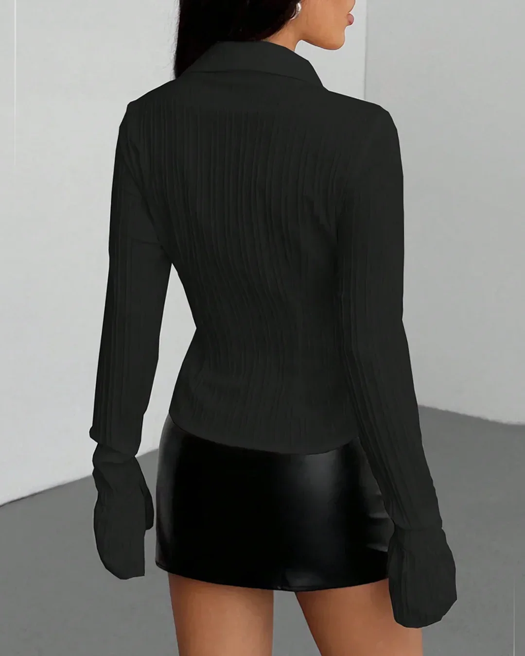 Tailored Collared Neck Button Down Shirt with Waist Detail in Black - Image 4