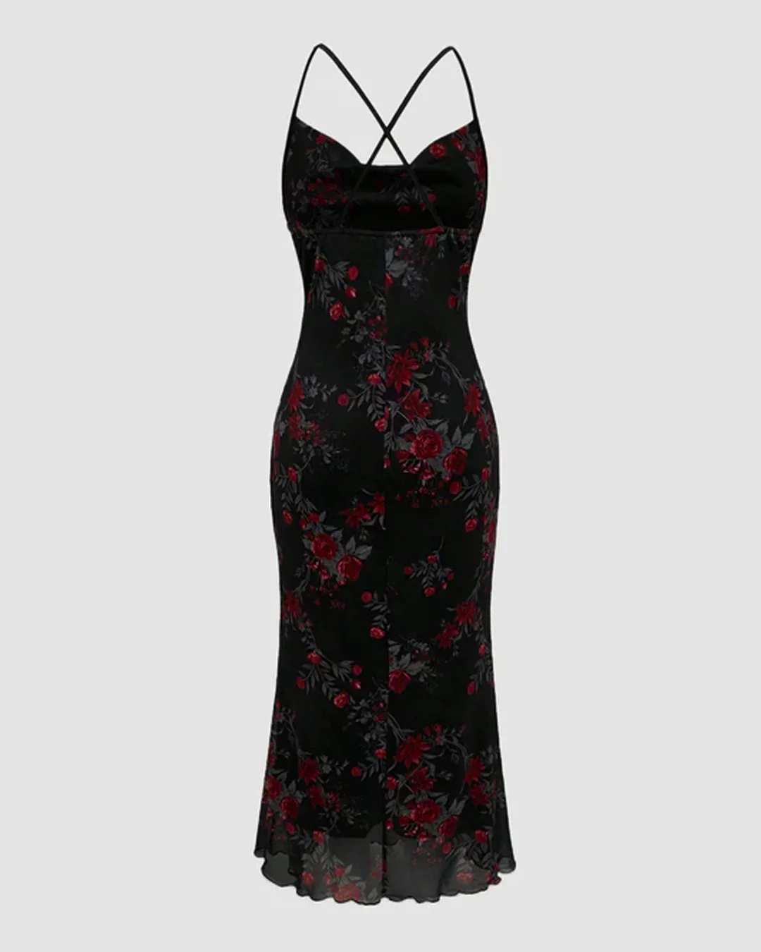 Black Retro Floral Cowl Neck Bodycon Midi Dress with Mermaid Hem - Image 3
