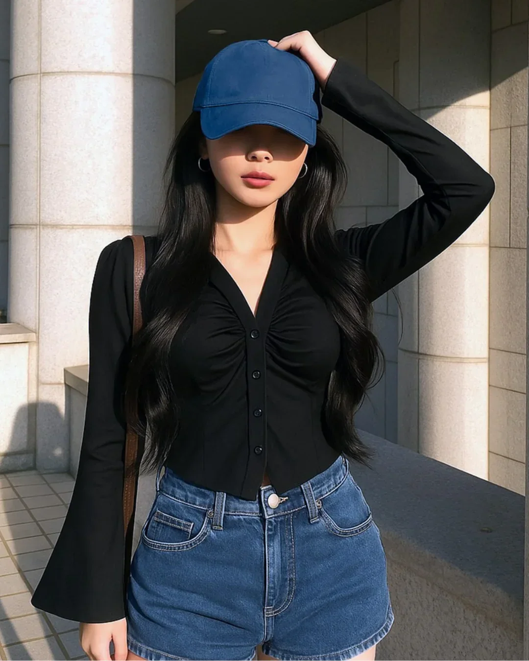 Black Ruched Front Flared Sleeve Shirt Top - Image 2