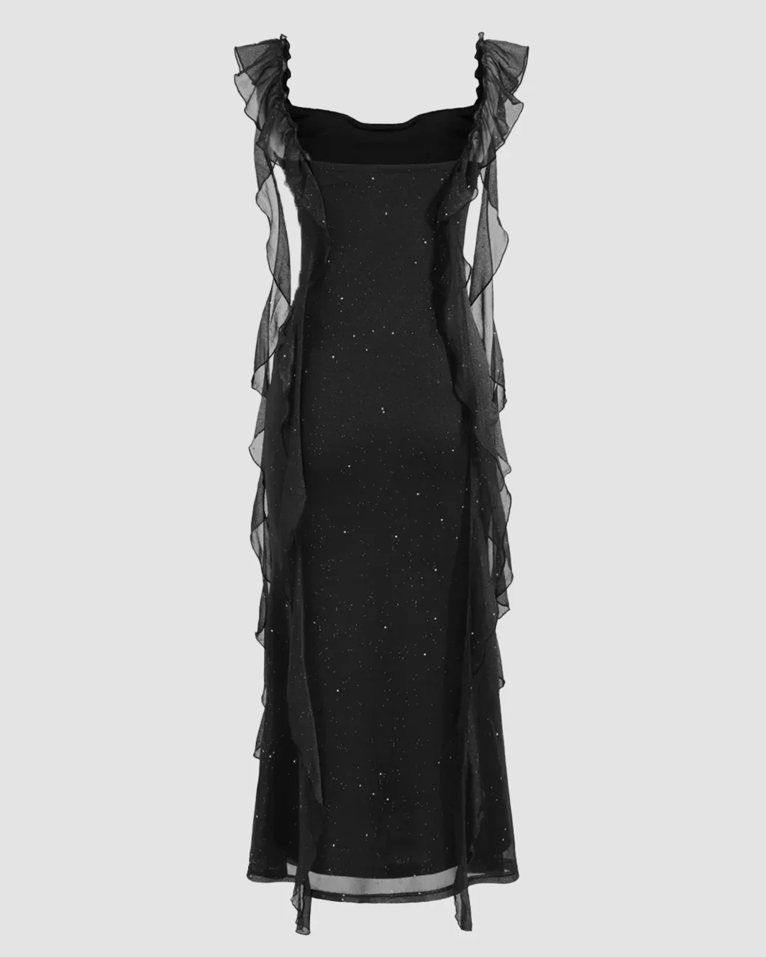 Black Ruched Ruffle Mesh Sleeveless Bodycon Midi Dress - Image 2