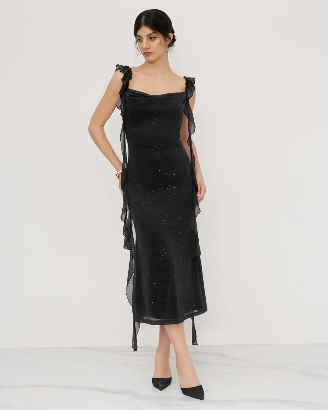 Black Ruched Ruffle Mesh Sleeveless Bodycon Midi Dress - Image 3