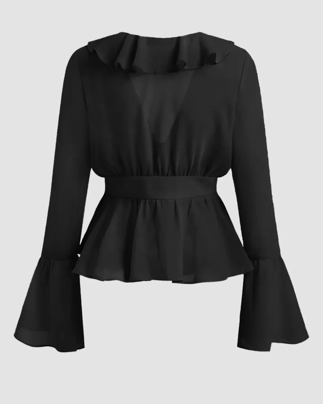 Black Ruffle Tie-Front Flare Sleeve Top - Image 2