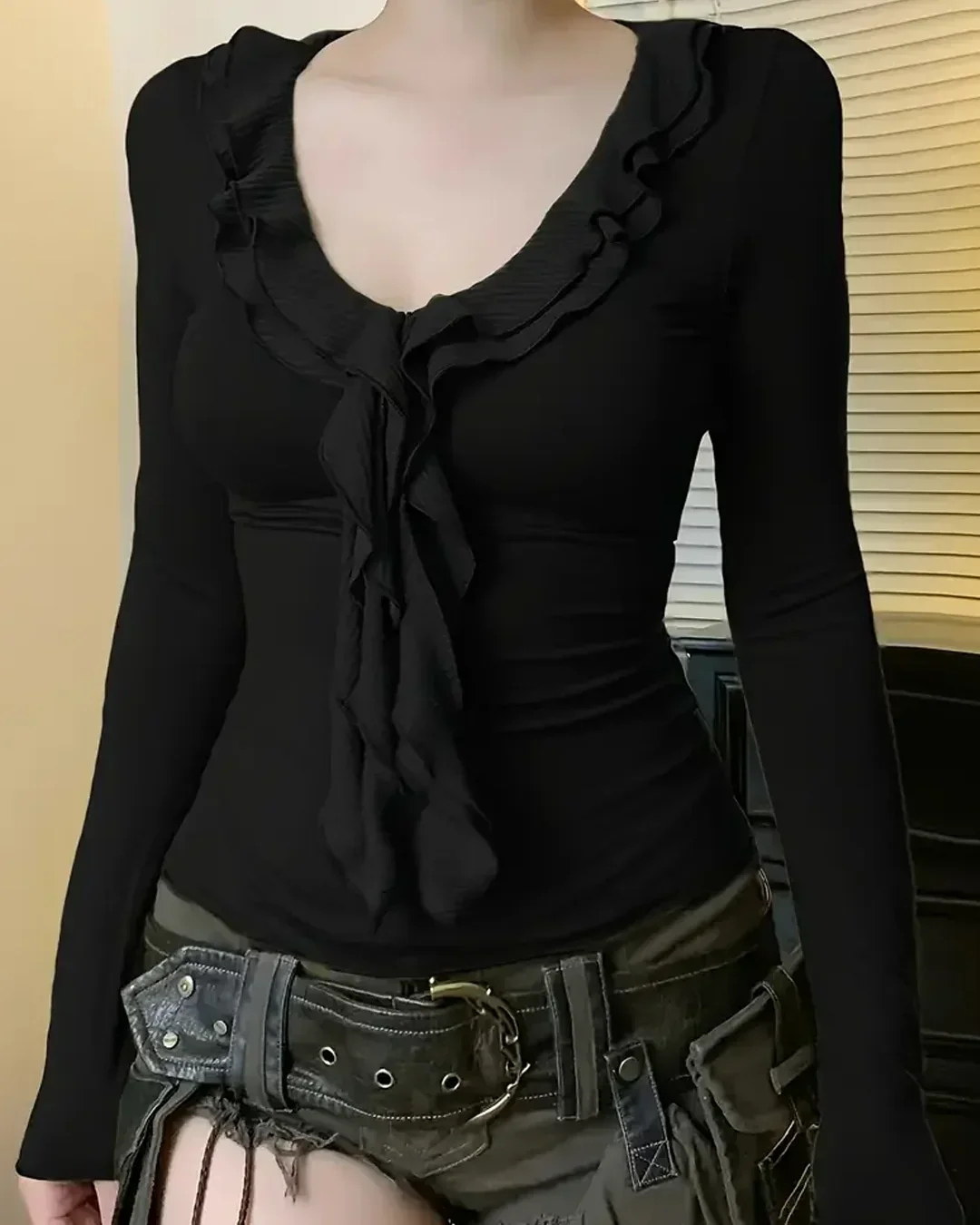 Black Ruffle Tie-Up Full Sleeve Top - Image 3