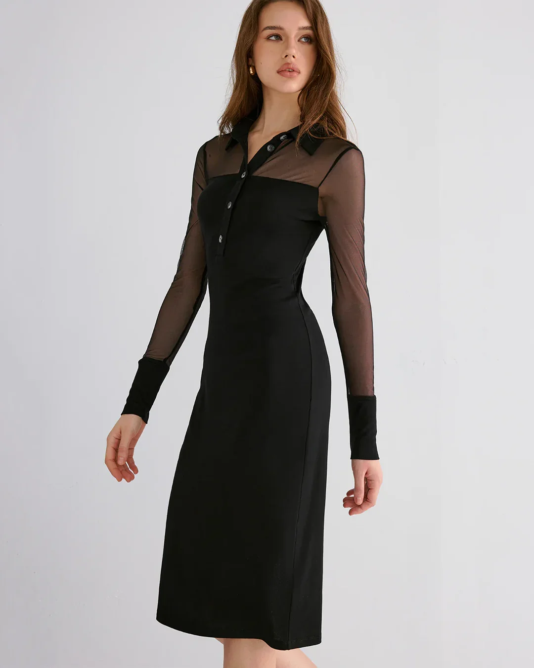 Black Sheer Panel Button-Down Midi Dress with Long Sleeves - Image 2