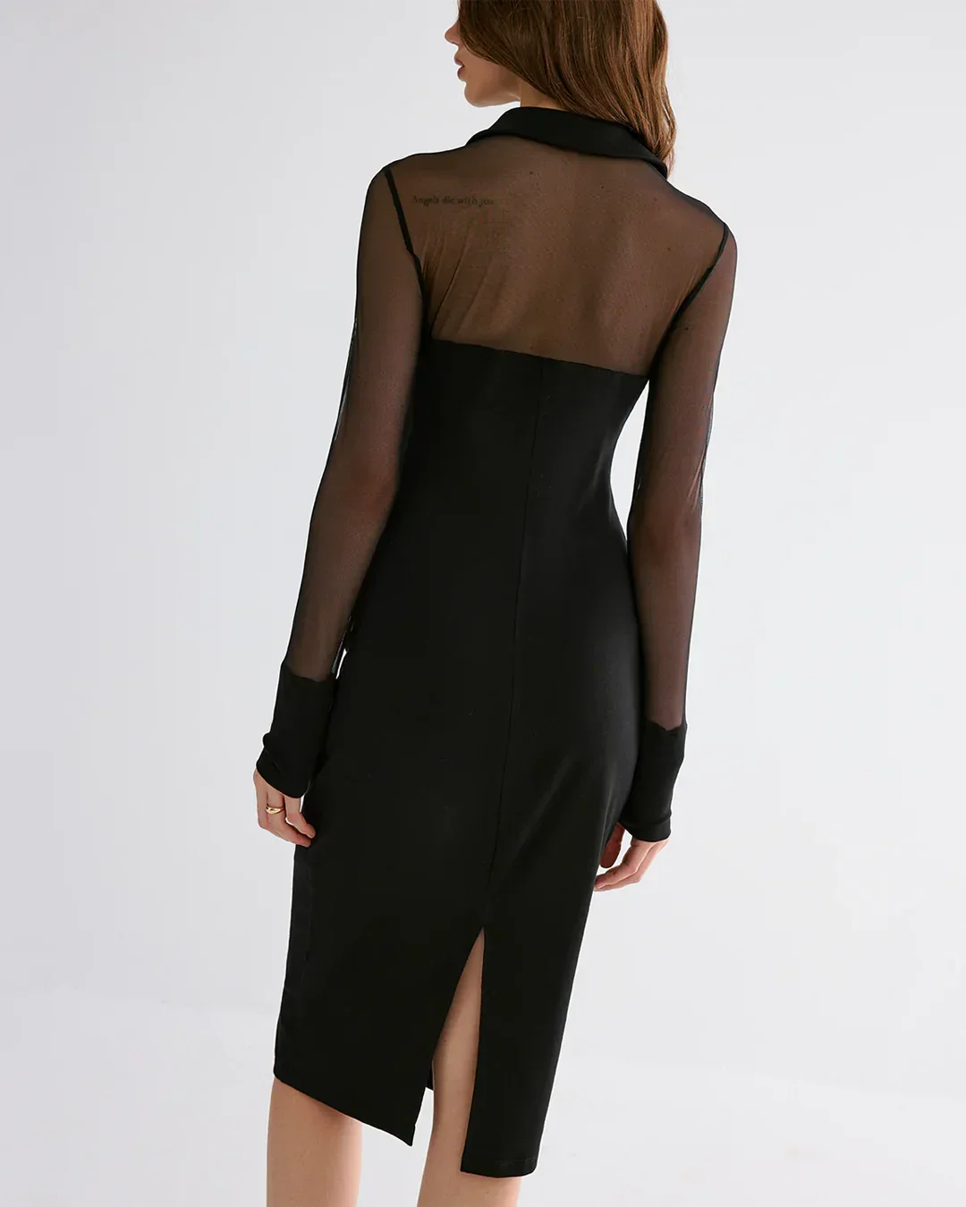 Black Sheer Panel Button-Down Midi Dress with Long Sleeves - Image 3