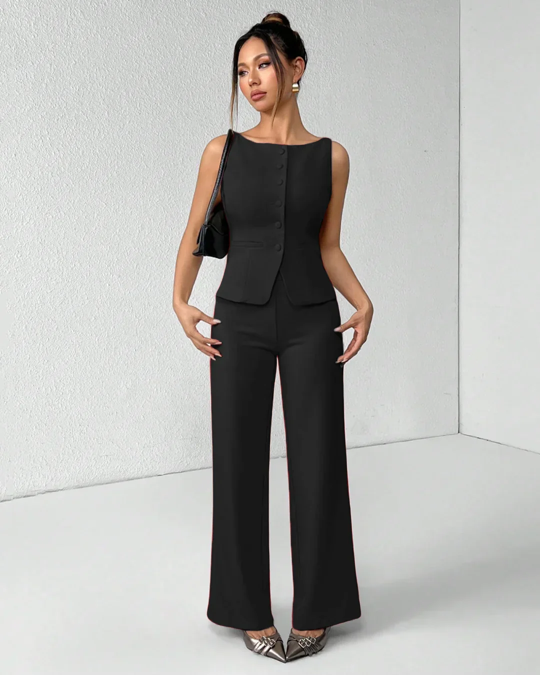 Black Sleeveless Button Vest & Wide-Leg Trousers Co-ords Set