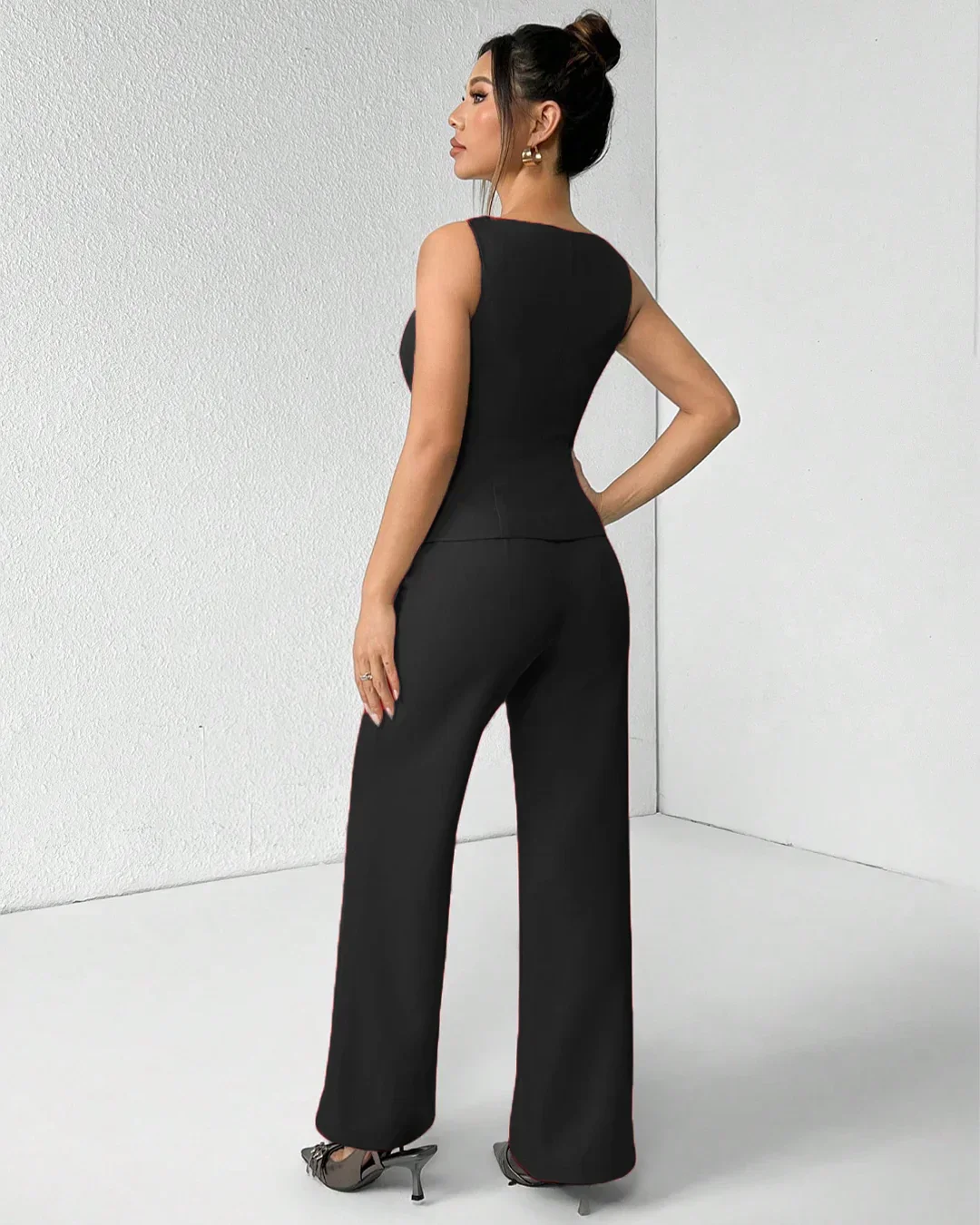 Black Sleeveless Button Vest & Wide-Leg Trousers Co-ords Set - Image 2