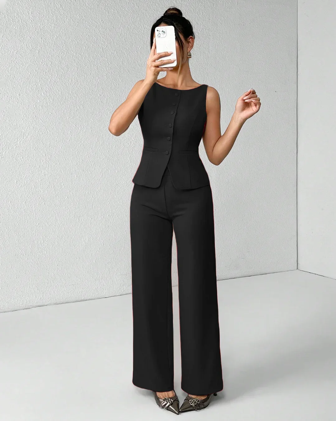 Black Sleeveless Button Vest & Wide-Leg Trousers Co-ords Set - Image 3