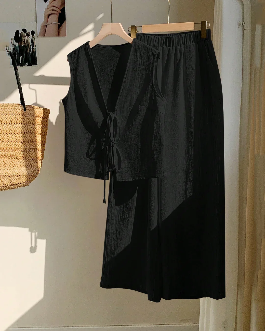 Black Sleeveless Tie-Back Top & Wide-Leg Pants Co-Ord Set