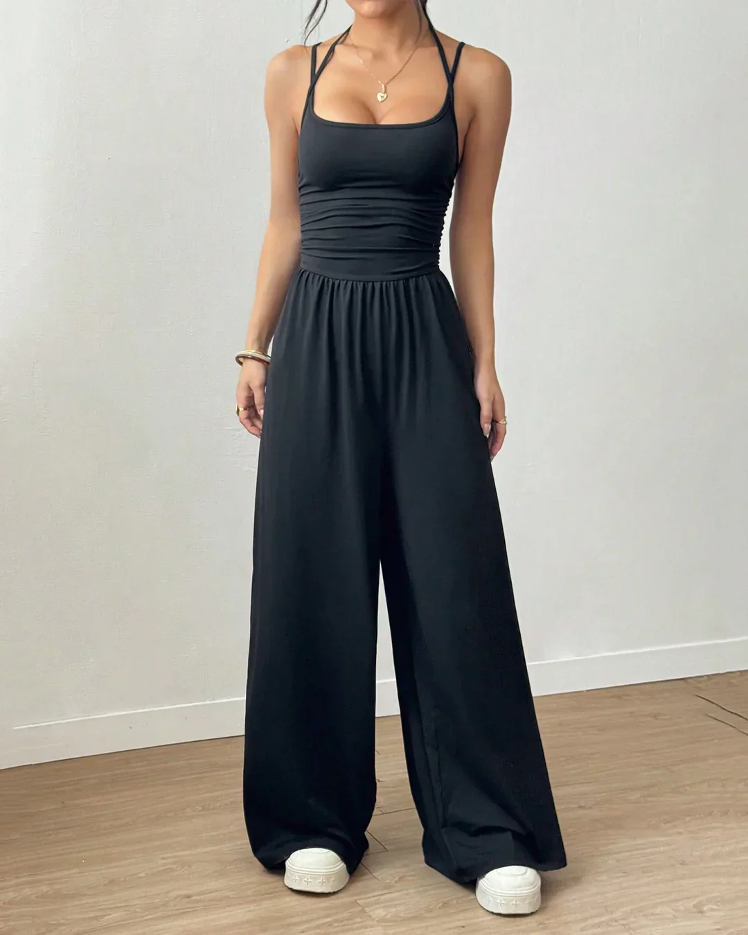 Sleeveless Strappy Back Ruched Wide-Leg Midi Dress in Black - Image 3