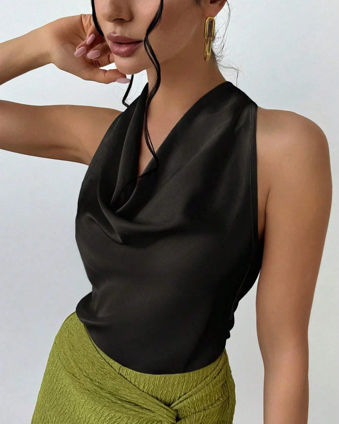 Black Solid Cowl Neck Sleeveless Top for Women - Image 2