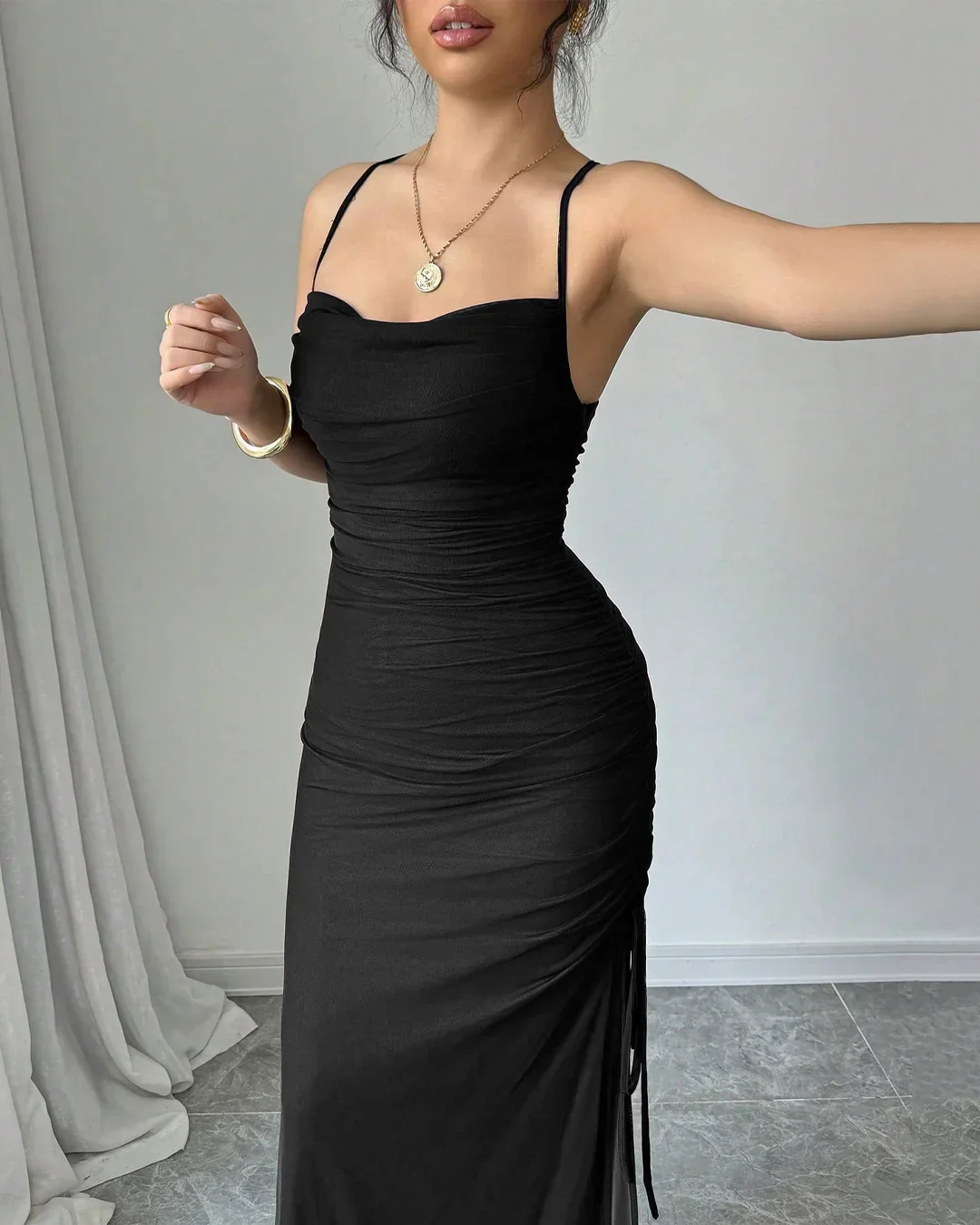 Black Spaghetti Strap Bodycon Maxi Dress With Side Slit - Image 2