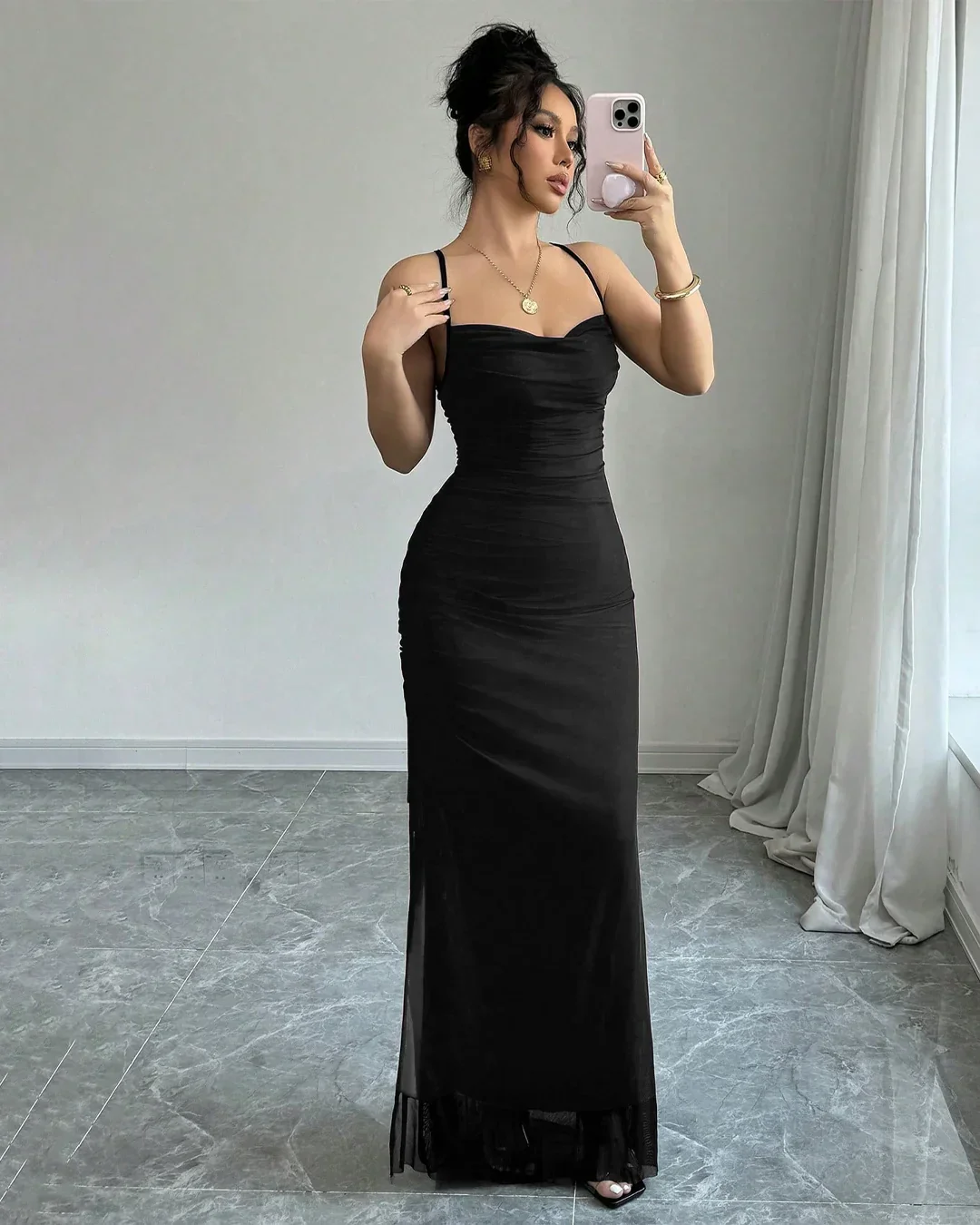 Black Spaghetti Strap Bodycon Maxi Dress With Side Slit - Image 3