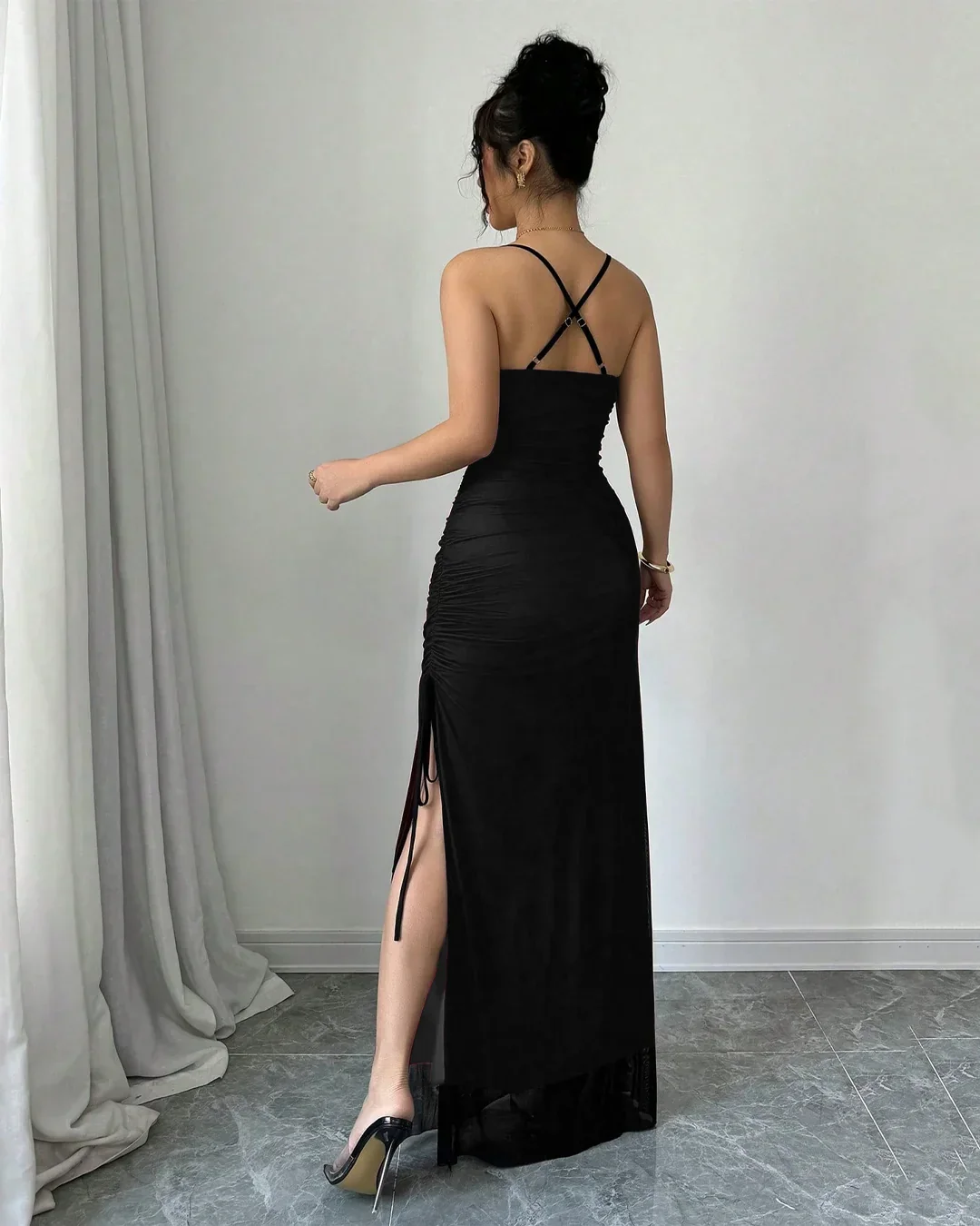 Black Spaghetti Strap Bodycon Maxi Dress With Side Slit - Image 4
