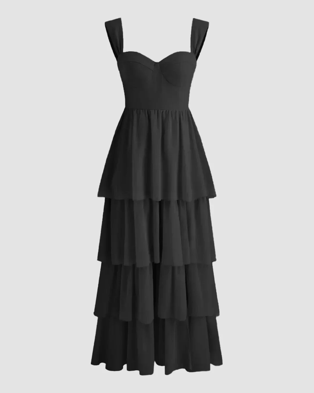Black Tiered Maxi Dress with Side Slit and Sweetheart Neckline - Image 2