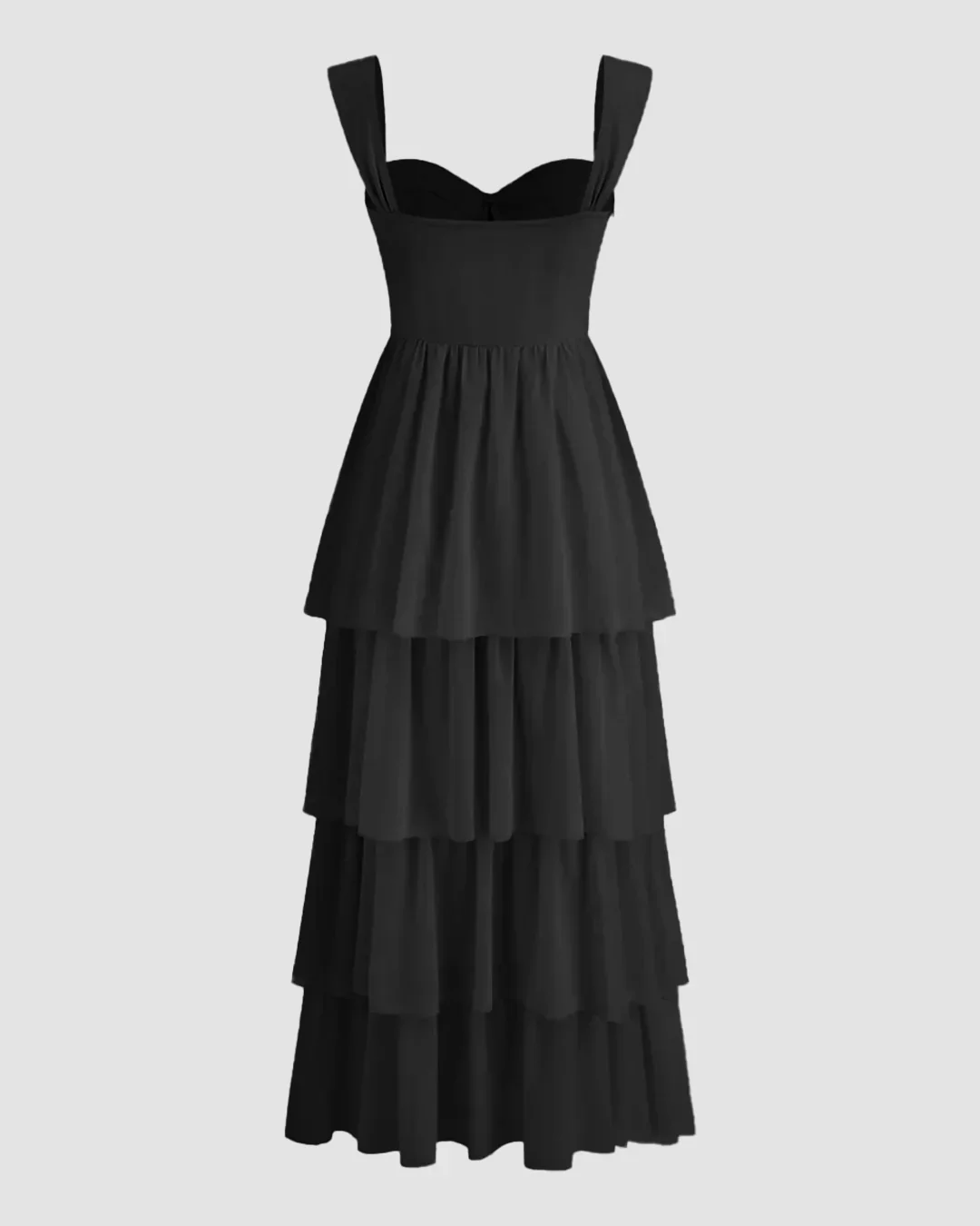Black Tiered Maxi Dress with Side Slit and Sweetheart Neckline - Image 3