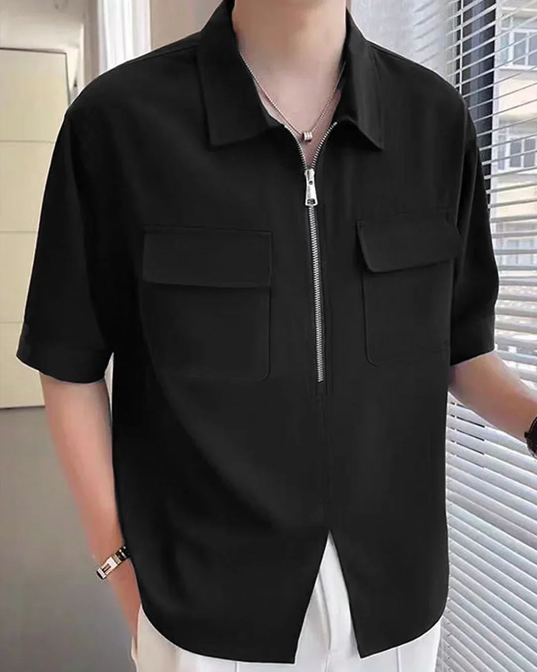 Men Black Zip Front Pocket Detail Short Sleeve Shirt - Image 3