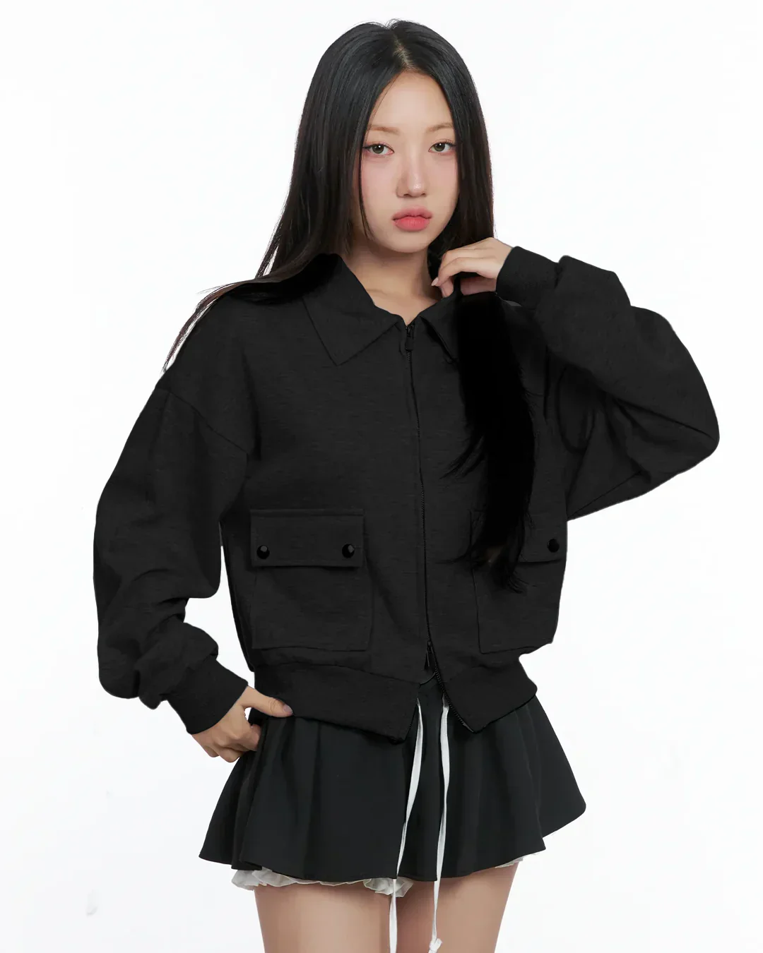 Black Zip Up Collar Long Sleeve Jacket with Front Pockets - Image 2